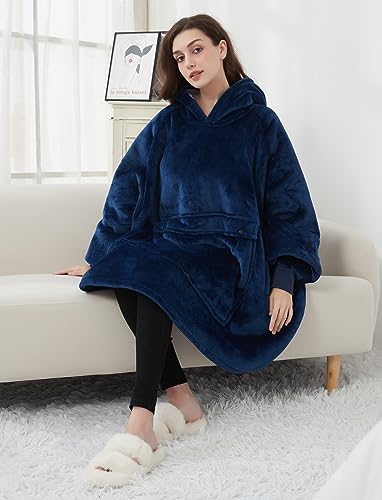 Image of KFUBUO Wearable Blanket Hoodie for Adults With Pocket Navy | Sherpa, Fuzzy Blanket Hoodie, Oversized Sweatshirt Blanket, Kangaroo Pouch, Gifts for Mom, Cute Stuff