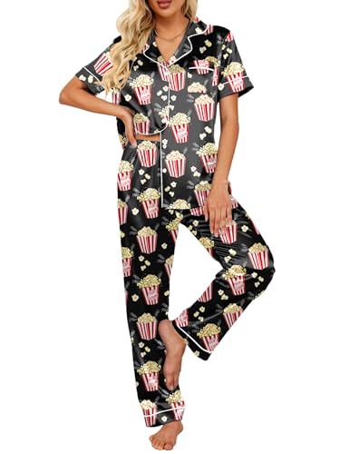 Image of Ekouaer 2 Piece Satin Short Sleeve Pajamas Set Button Down Sleepwear | Soft Pjs Set Classic Loungewear for Wedding, Party, Home, Daily Wear, Date Nights