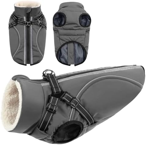 CITÉTOILE Wasserdichter Winter Hundemantel mit Geschirr Fleece Grau XS | Warme Hundejacke mit Reißverschluss, Wintermantel mit Reflektorstreifen für kleine Mittel Große Hunde, mit