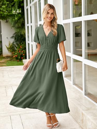 Image of Simplee Women's Summer Flowy Midi Dress Casual V Neck Short Sleeve Empire Waist Boho Beach Dress Wedding Guest Maxi Dress