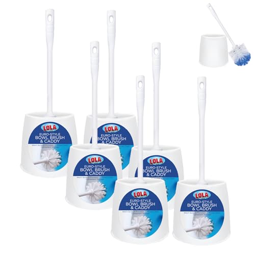 Image of Toilet Brush and Holder Set, By LOLA, 6 Pack, Classic Version, Durable Bristles for Deep Cleaning, w /Compact Space Saving Storage Holder