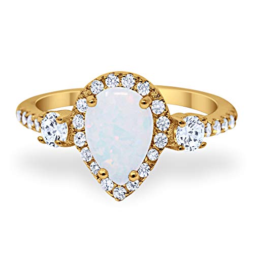 Blue Apple Co. 3-Stone Halo Teardrop Fashion Bridal Ring Pear Created White Opal Round Cubic Zirconia 925 Sterling silver Yellow Tone Size 9