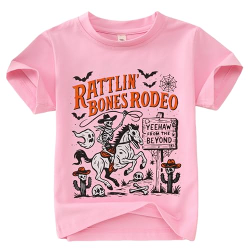KEKEMI Toddler Boys Girls Halloween Shirt Bones Rodeo T-Shirt Skeleton Cowboy Spooky Season Outfit Fall Short Sleeve Tee Tops - Main Image