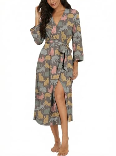 Image of VINTATRE Robes for Women Long Knit Bathrobe XS-4XL | 3 /4 Sleeve Bathrobes with Pockets, Stretchy and Lightweight Fabric, Inner Tie and Fixed Outer Matching Belt, Mid Calf Length