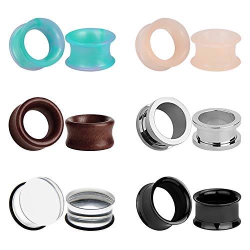 6 Pairs Natural Wood Ear Plugs Earrings Gauges Stainless Steel Ear Tunnels Silicone Piercing Plugs Earrings Stretcher Set