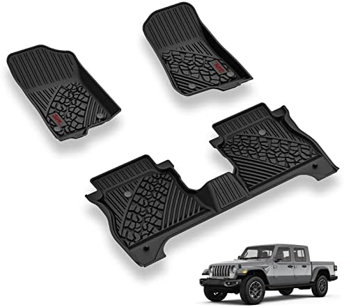 3W Floor Mats Compatible for Jeep Gladiator 2020-2023, Custom Fit TPE All Floor Liner for Weather Jeep Gladiator,1st & 2nd Row Full Set Car Liners with red Logo,Black