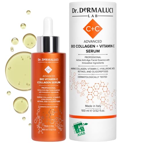 Serum Facial Vitamina C 100ml BIO | Anti edad, Antioxidante, Iluminador, Hidratante | Con Colageno Marino, Retinol, Acido Hialuronico y Peptidos | AIAB Certificado, Probado al Niquel, Made in Italy