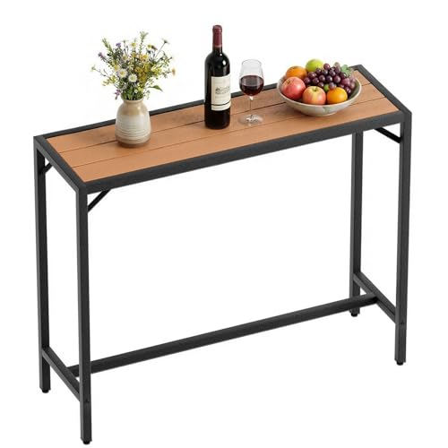 Clevich Table Haute de Jardin, 120 x 38 x 98 cm, Mange Debout Exterieur avec Plateau Étanche, Table de Bar Jardin avec Pieds Réglables en Hauteur pour Salle à Manger, Balcon, Patio, Couleur Bois