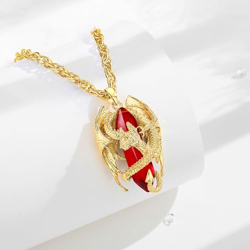 INFUSEU Dragon Necklace Red Crystal Jewelry for Women Men Cubic Zirconia Large Stone Pendant Birthstone January July Birthday Personalized Gifts Gothic Goth Stuff Punk Spiritual Present2