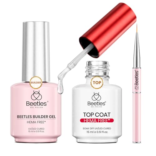 Image of Beetles HEMA-Free 15ml Gel Top Coat and Builder Gel for Nails with Nail Brush, Low Heat Hypoallergenic Clear 8 in 1 Builder High Shine Long Lasting No Wipe Top Coat Nail Polish