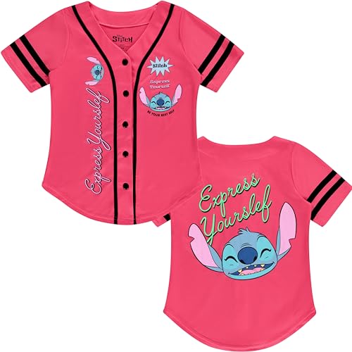 Image of Disney Lilo & Stitch Girls Baseball Jersey Shirt Button Down Kids Tee Stitch Angel Sizes 4-16