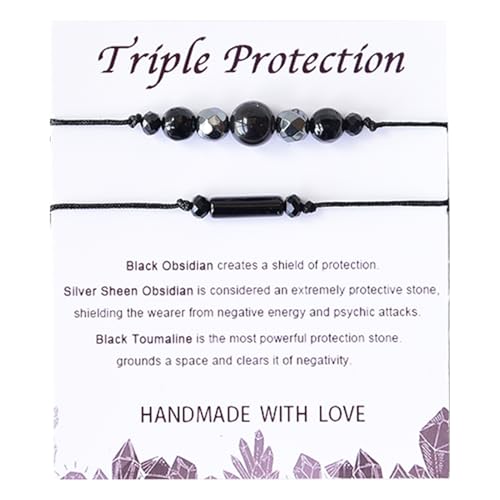 2Pcs Triple Protection Bracelets Black Tourmaline and Obsidian Bracelets Natural Stone Jewelry for Women Men Gifts for Him Her
