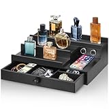 Cologne Organizer for Men with Drawer, Wood Cologne Stand Display Shelf with Hidden Compartment, Perfume Holder Organizer for Dresser, Room Essentials for Men, Display Risers, Gift for Husband, Father