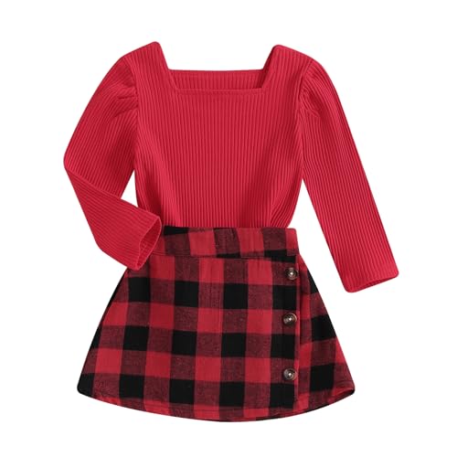 Image of BeQeuewll Fall Winter Toddler Baby Girl Clothes 2Pcs Long Sleeve Ribbed Knit Shirt Plaid Skirt 1T 2T 3T 4T 5T Girls Dress
