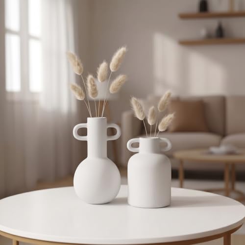 Image of PUREZENTO White Ceramic 'Nordic Bottle' Vase - Set of 2 | Matte Ceramic Flower Vases for Pampas Grass & Dried Flowers | Modern Decorative Vases for Home, Living Room, Bedroom, Office & Table Decor