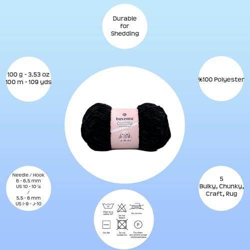 Image of Cuddly Velvet Chenille Yarn, Super Soft Fluffy Bulky for Knitting Crocheting Crafting Blanket Amigurumi, Durable for Shedding, 100 Gram (3.53 Ounces) 109 Yards (100 Meters) (Black) (3 Skeins)