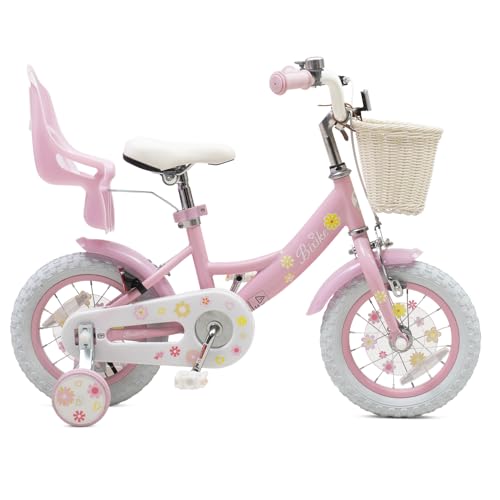 Image of Girls Bike with Basket for Toddlers and Kids Aged 3-14 Years Old, 12 14 16 18 Inch with Training Wheels & Doll Seat, 20 Inch with Kickstand & Rear Rack, Princess Style Bicycle for Gift.