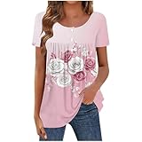Generisch Blusa informal de manga corta con botones, corte holgado, diseño de volantes, túnica para el día a día, Rosa., S