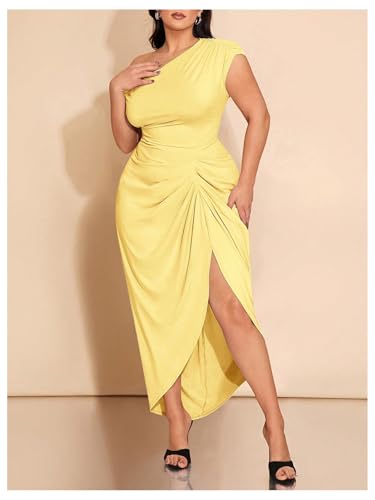 Image of Floerns Women's Plus Size Asymmetrical Neck Long Dress Ruched Slit Hem Cocktail Dress
