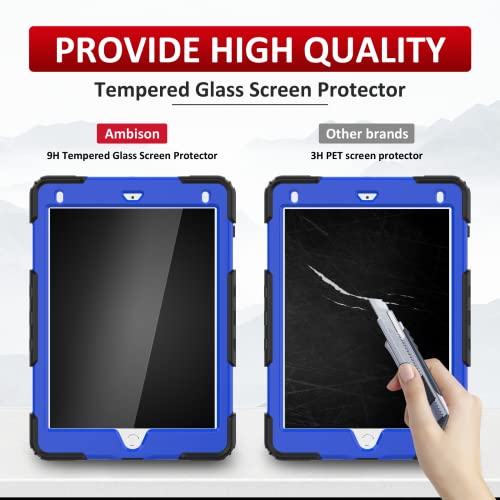 Ipad 6Th/5Th Generation Case With Tempered Glass Screen Protector, Ipad 9.7 Case 2018/2017, [360° Rotatable Hand Strap & Kickstand] Ambison Full Body Protective Case With Pencil Holder (Blue & Black) #TOP1