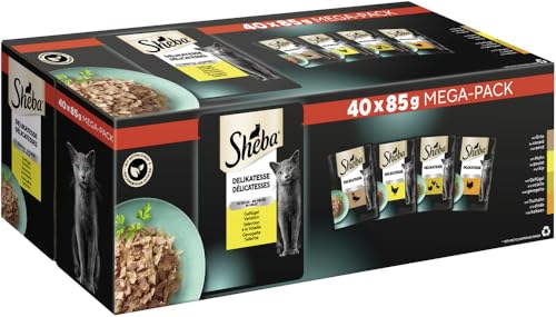 Sheba Comida húmeda para Gatos delicadeza en gelatina, 40 Bolsas de porciones, 40 x 85 g – Comida para Gatos húmeda, variación Fina de Aves de Corral con Pato, Pollo, Aves de Corral y Pavo