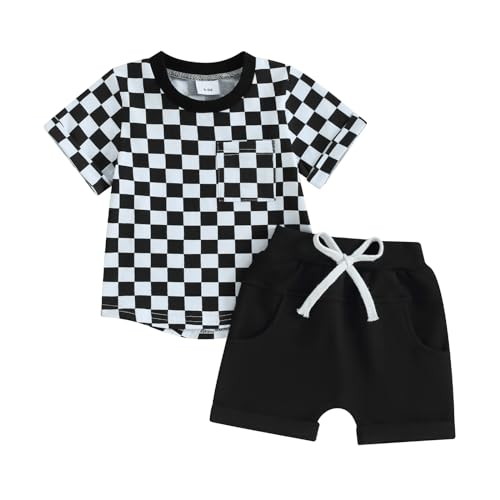Image of Toddler Baby Boy Girl Summer Clothes Checkerboard Print Short Sleeve T-Shirt Tee Tops Rolled Shorts Infant Outfits