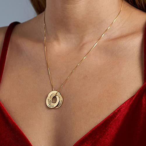 14K Gold Name Necklace for Women, 10K/14K/18K Gold Personalized Engraved 3 Russian Ring Circles Necklace Custom Any Name Pendant Box Chain Necklace for Mother's Day Ladies Daughter Her2