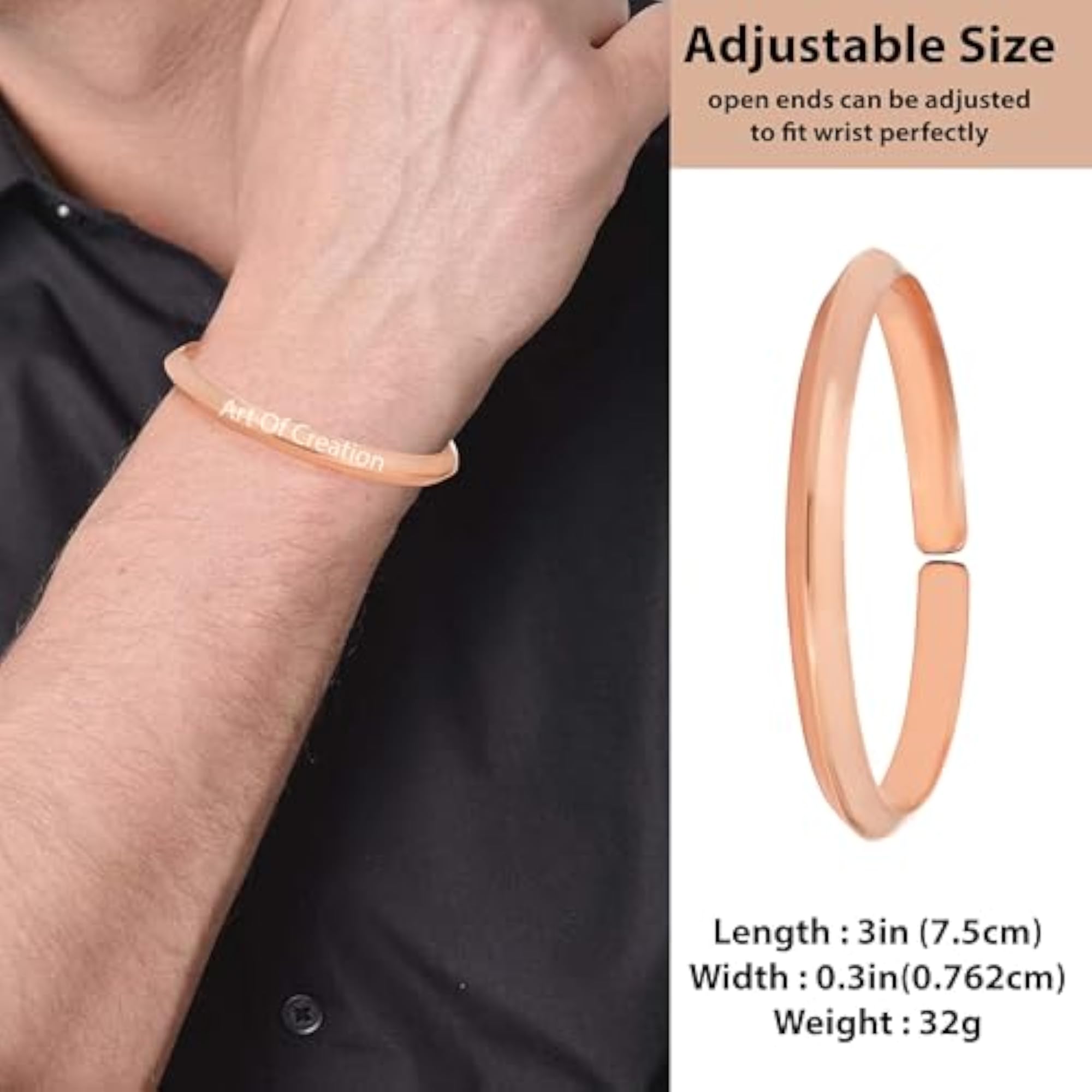 Pure Copper Adjustable Cuff Bracelet for Men