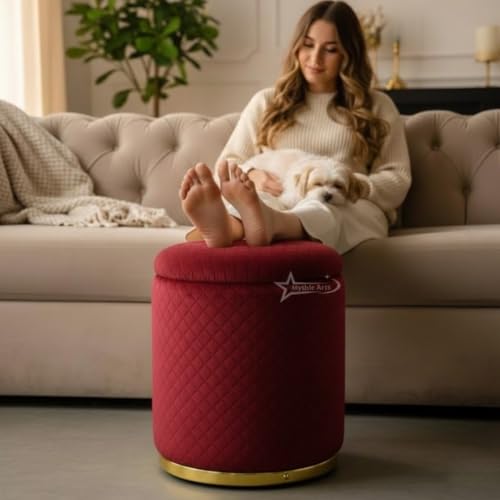 Image of Premium Round Storage Ottoman Stool 13 X 13X 16 inch, with Gold Metal Base | Luxury Pouffe with Hidden Storage | Cushioned Footrest for Living Room, Bedroom & Lounge Maroon