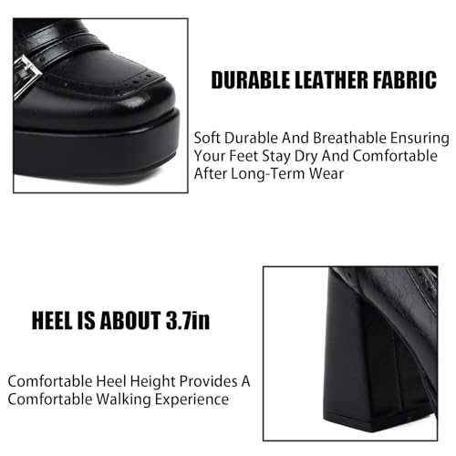 Image of Women's Leather Buckle Chunky High Heel Loafers Pumps Fashion Closed Round Toe Slip On Platform Block Heel Pumps Comfort Office Work Dressy Shoe