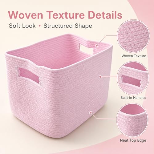 Image of Cotton Rope Laundry Basket Extra Large, 22.8GAL Collapsible Woven Storage Baskets for Living Room Kids Toys Stuffed Animal,Boho Rectangular Decorative Hamper for Dirty Clothes, Blankets Light Pink
