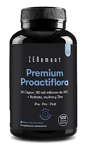 Premium Proactiflora, 30 Cepas | 80 mil millones de UFC + Butirato, Inulina y Zinc, Probióticos y Prebióticos Intestinales, 120 Cápsulas Gastrorresistentes | Suplemento Digestivo | Vegano | Zenement