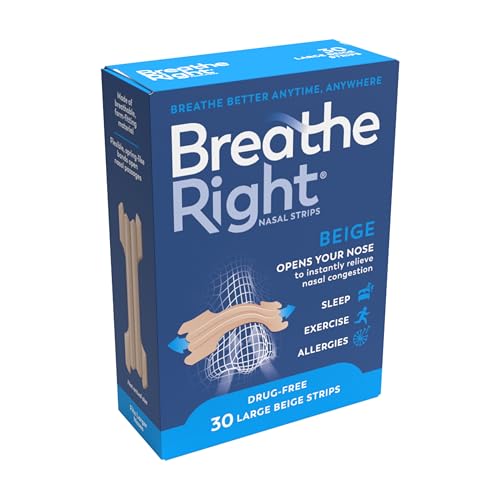 Breathe Right Original Tan Beige Large 30 Pieces Nasal Strips for Snoring Nose Strips for Breathing Blocked Nose Relief Drug-free Snoring Aid for Men and Women Packaging may vary