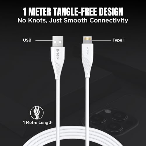 Image of Intex Speed Pro 2.4A USB To Lightning Fast Charging Cable, Data Sync, 480Mbps, Compatible For iPhone 14,13, 12,11, 8, 7, 6, 5, Ipad, Macbook, Imac, Airpods and Other Devices - White