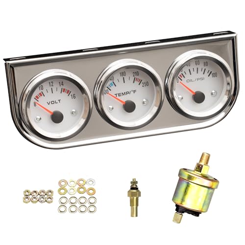 2’’ 52mm Triple Gauge Set （Oil Pressure+Water Temp+Voltmeter） 3 in 1 Gauge Kit with Chrome Panel Mechanical for 12V Cars Ships Boats Truck Motorcycle
