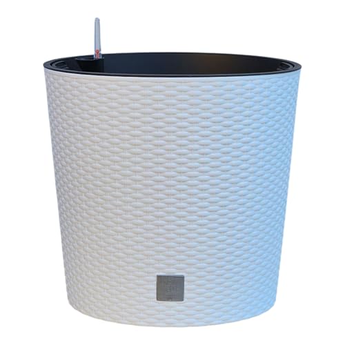 HappyFlower Blumentopf rund mit Innentopf – Pflanzkübel aus Kunststoff in Rattan-Optik, für Innen & Außen, Übertopf Verschiedene Größen & Farben erhältlich, (Äußerer ∅ Oben 40 cm, Weiß)