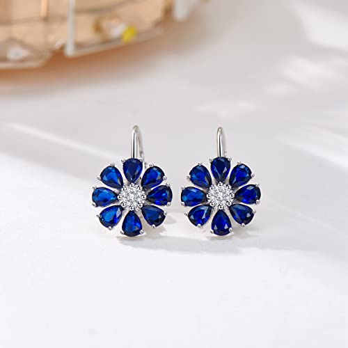 Blue Created Sapphire/Amethyst Flower Earrings for Women 925 Sterling Silver Pear Cut Flower Leverback Earrings2