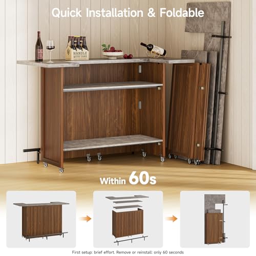 61" Foldable Bar Table, Mobile Party Bar Station on Lockable Wheel - Image 4