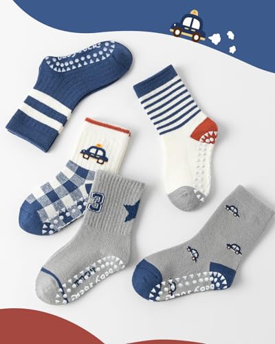 Kyopp 5 Paar Stoppersocken Kinder Baumwolle Socken Jungen Mädchen ABS Anti Rutsch Socken Tiermotive 25-37EU（ABS-Kraftfahrzeuge M）
