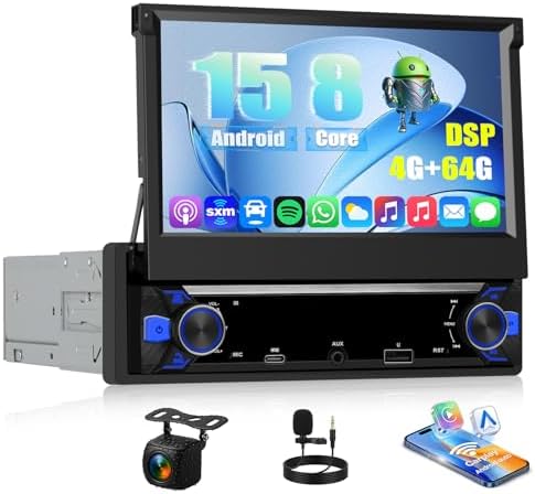 OiLiehu 4+64G 8-Core Android 15 Single Din Car Stereo Wireless CarPlay Android Auto, 7'' Flip Out Touchscreen with WiFi GPS Mirror Link Bluetooth FM/AM/RDS DSP EQ SWC AUX USB Type-C SIM Backup Camera