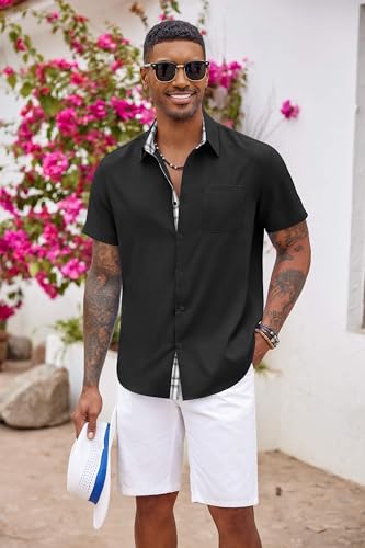Coofandy Men'S Button Down Shirts Short Sleeve Casual Shirts Summer Beach Shirts Vacation Wedding Shirts With Pocket Black thumb #1