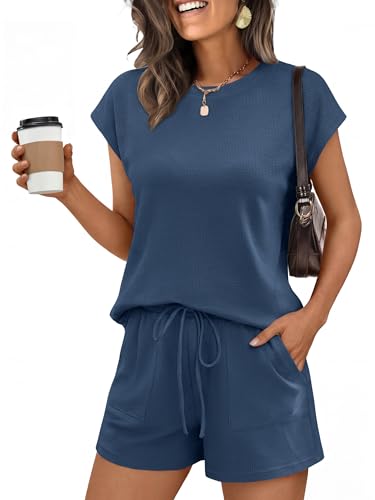 ANRABESS Womens Waffle Knit 2 Piece Short Sets Cap Sleeve Summer 2026 Matching Lounge Outfits Travel...
