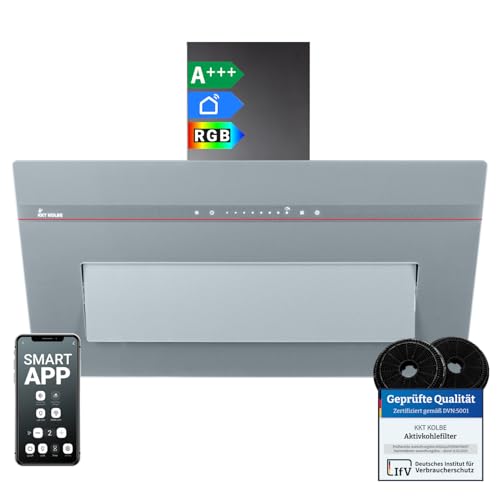 KKT KOLBE A+++ cappa aspirante 90 cm 782 cbm/h convezione aria di scarico senza testa | vetro grigio opaco | ricarica automatica | Smart WiFi App Wi-Fi | SensorTouch | Illuminazione LED RGBW |
