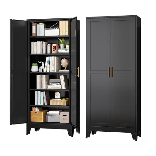 RISTERN Black Metal Storage Cabinet,75' Steel Cabinets for Home Office, Kitchen Pantry Storage Cabinet with Doors and 5 Adjustable Shelves, Tool Cabinets, for Office, Home, Garage, School