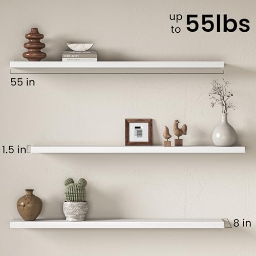 Image of Fun Memories 55Inch Long Floating Shelves, 8 Inch Deep Shelves for Bedroom|Living Room, Wall Mounted Wood Hanging Shelf with Invisible Brackets for Fireplace Mantel Home Storage Decor, White - 2 Pack
