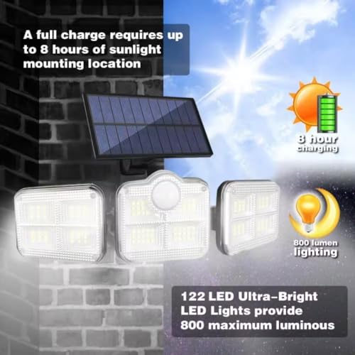Image of Solar Motion Sensor LED Bright White Light Outdoor for Home Wall Room Balcony Garage Backyard Garden with 122 LEDs and 3 Adjustable Heads and Remote Control (Pack of 2)
