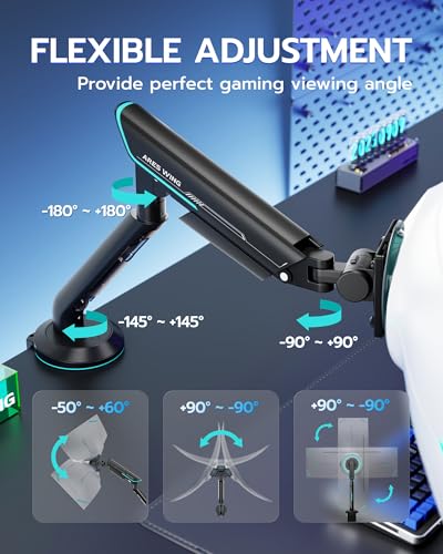 Image of Single Gaming Monitor Arm for 24 inch-57 inch Screens, Up to 60 lbs, Black | Full Motion Computer Monitor Mount, Heavy Duty Gas Spring Desk Stand with VESA 75x75 to 200x200, with C Clamp, Grommet Base