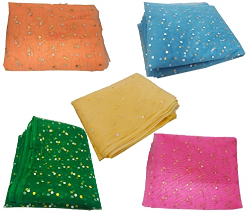 Image of 3A Featuretail Dual Color Combo of 42inch Width Dotted Mesh Net Fabric for Decoration, Fruit /Dryfruit /Gift Packing & Tray Packing (5 Meter Each Color, Pink, Green, Light Blue, Golden & Peach)