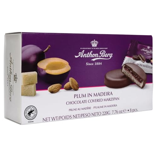 Anthon Berg Pflaume in Madeira – 220 g – Marzipanspezialität mit Frucht & Alkohol – 8 Zartbitterschokoladentaler mit Pflaumengelee & Madeira-Wein – Geschenkidee
