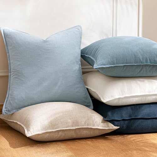 Image of 24x24 Inch Set of 2 Decorative Linen Solid Throw Pillow Covers Boho Accent Farmhouse Couch Pillowcases Modern Netural Euro Home Decor for Couch Sofa Living Room Bed,Beige